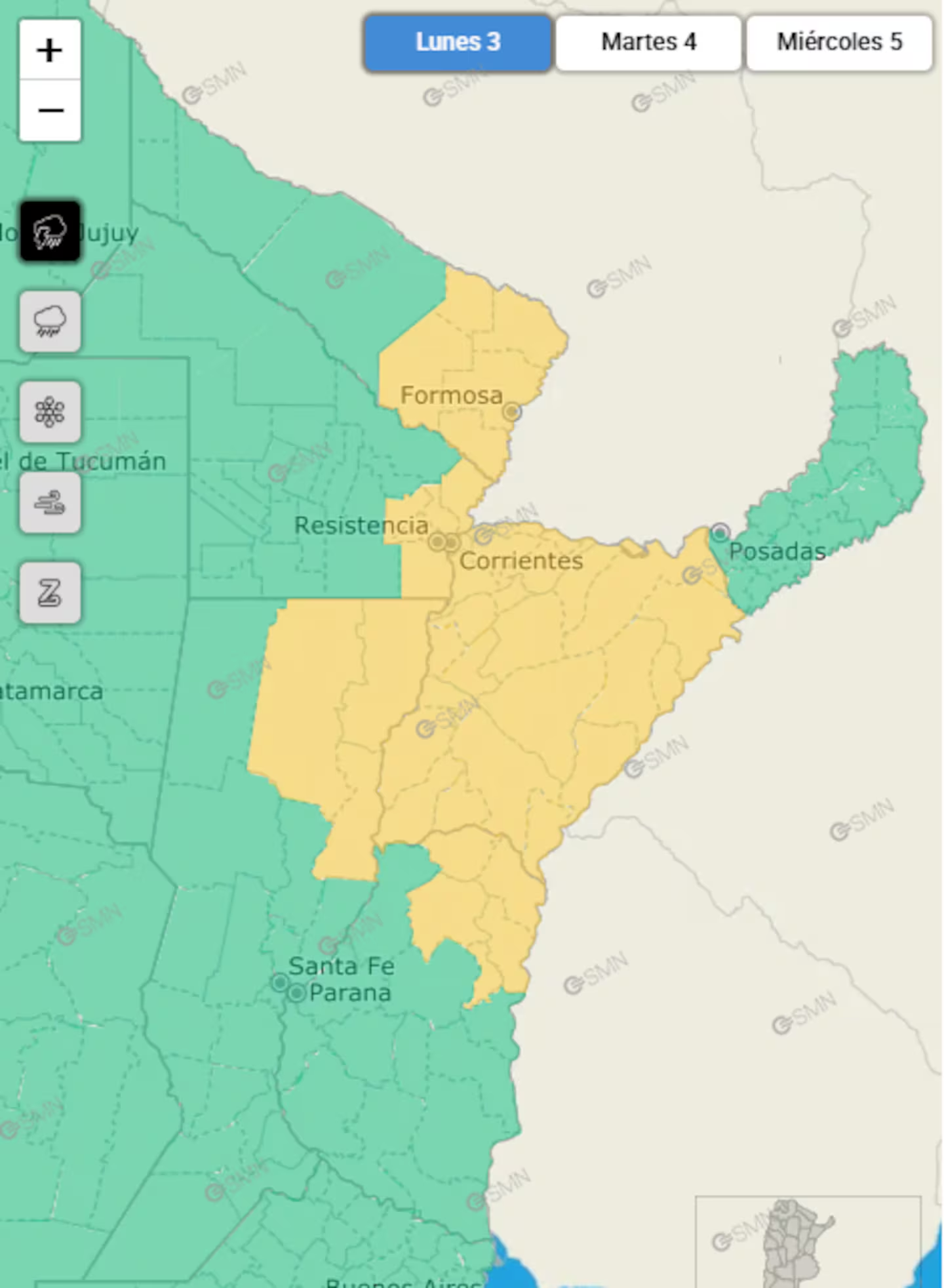 Las zonas afectadas por tormentas para hoy. (Captura: smn.gob.ar)