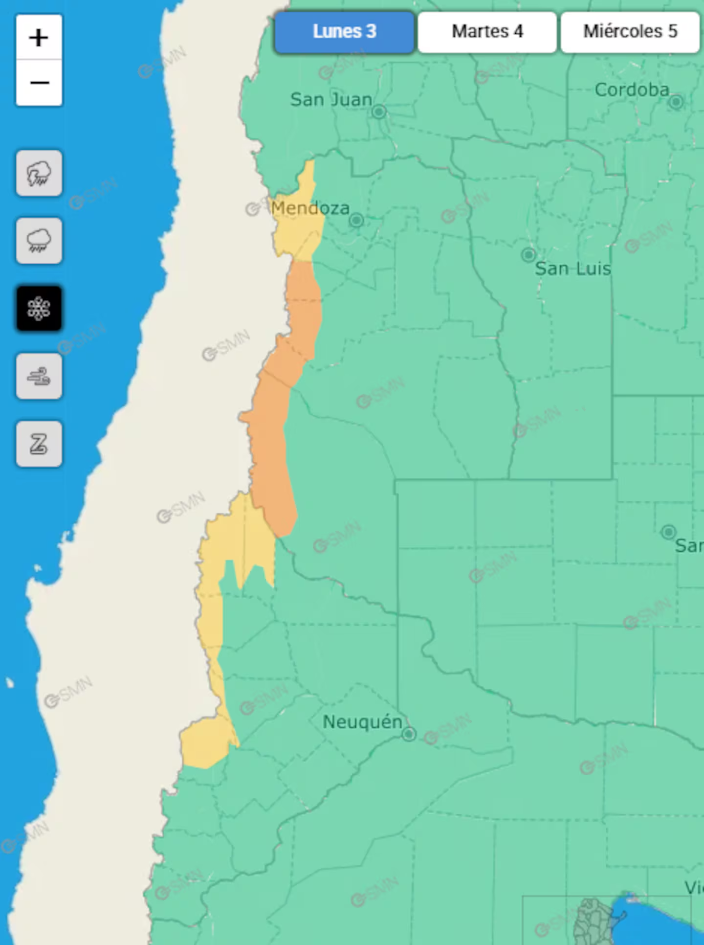Las zonas afectadas por nevadas para hoy. (Captura: smn.gob.ar)